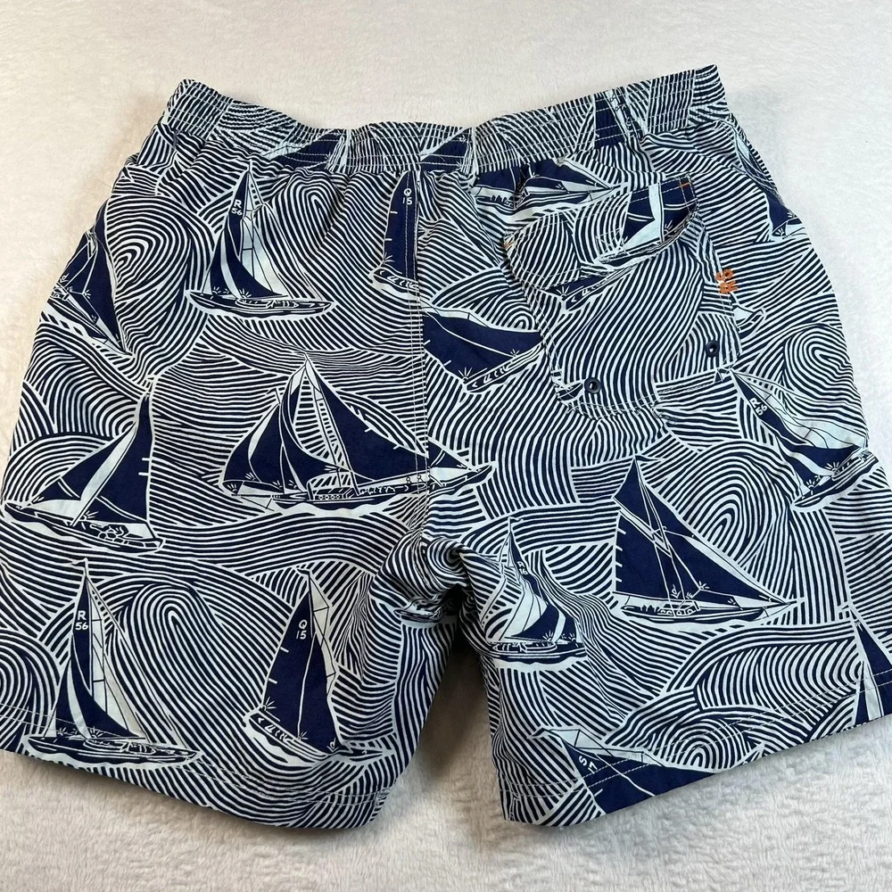 Reyn Spooner Swim Trunks Shorts Mens M‎ Blue Sailboat Nautical Lined Drawstring